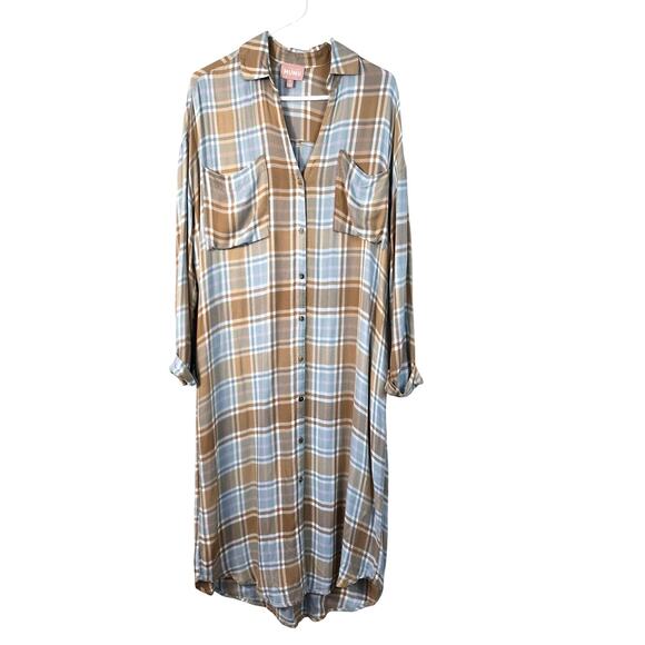 Show Me Your MUMU Leo Tunic Duster Women's S Blue Tan Plaid Button Up READ - Picture 1 of 12